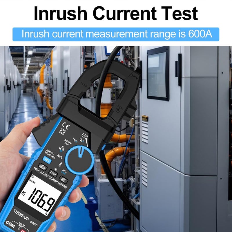 Temirup Clamp Meter, Digital Inrush Clamp Meter Multimeter 6000 Counts 600A Voltage Tester with VFD, LOZ, Volt Amp Meter Measures AC/DC Voltage Current Continuity Capacitance Resistance Temperature - Image 3